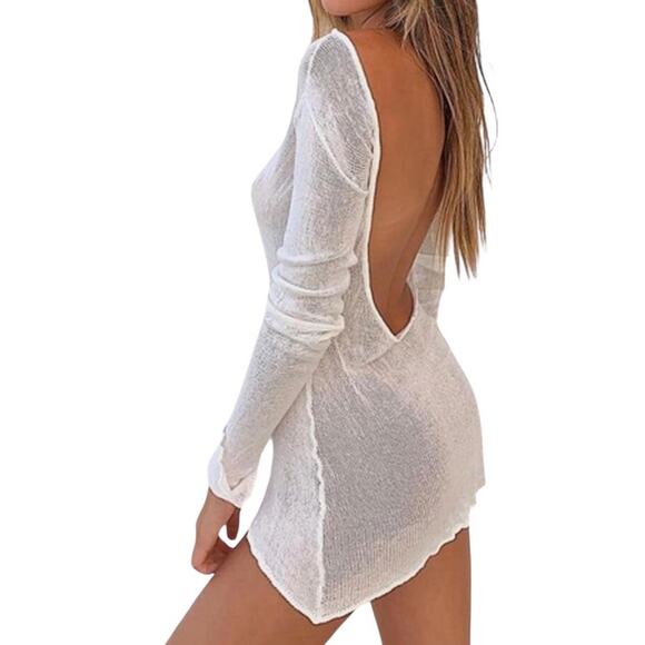 Micas Dresses & Skirts - Micas Women's Large Backless See Through Long Sleeve Knitted White Cover Up